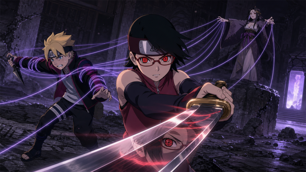 Sarada reflects her Sharingan in Boruto's sword while Kirara controls them in Boruto Episode 89