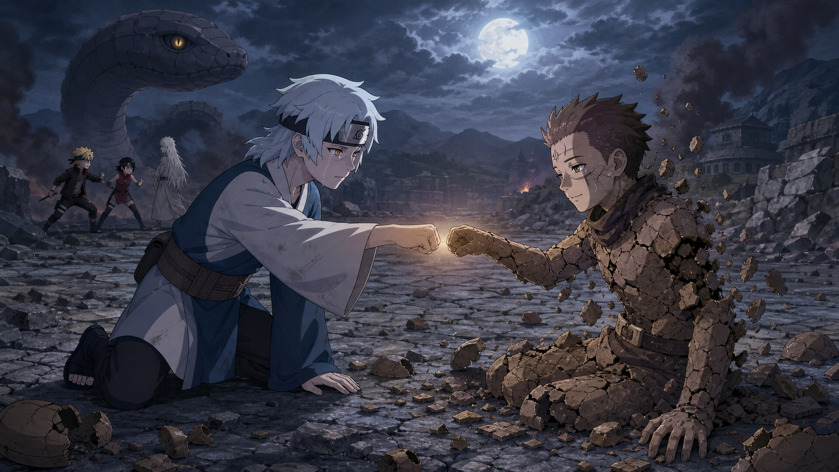 Mitsuki and Sekiei reach for a final fist bump as Sekiei crumbles in Boruto Episode 90