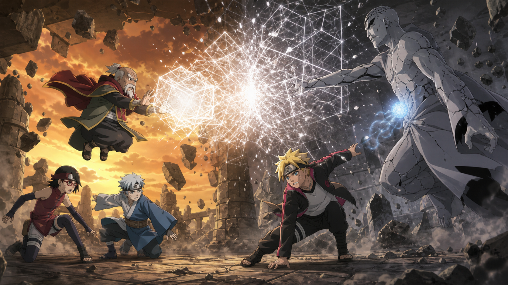 Ohnoki clashes with Ku using Particle Style above Team 7 in Boruto Episode 91
