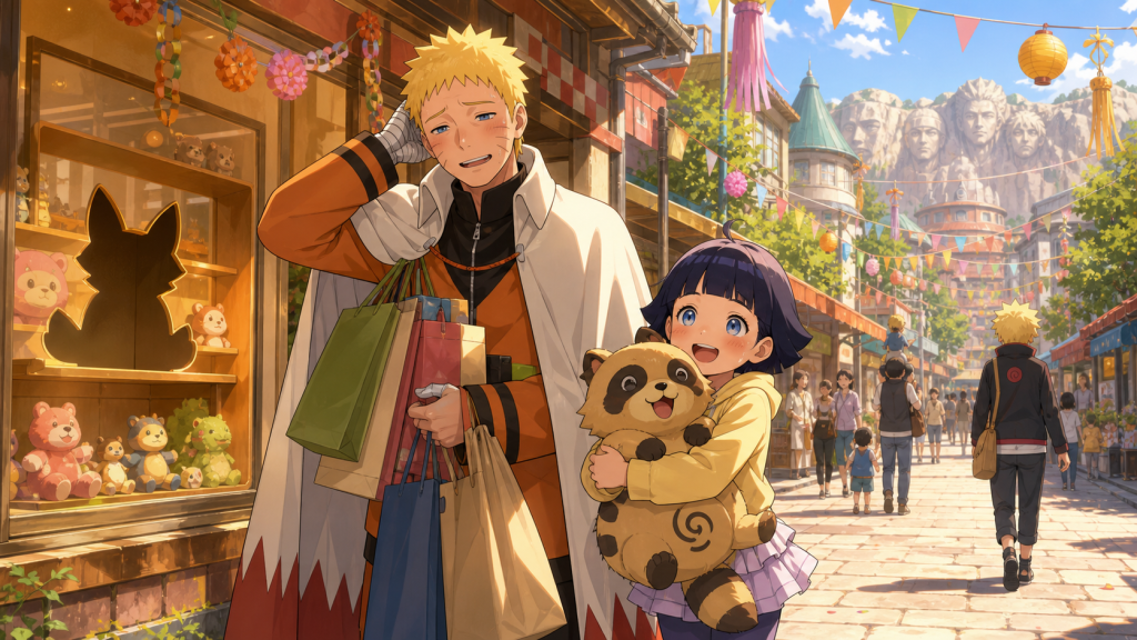 Naruto shops with Himawari as she hugs a Shukaku plush on Parent and Child Day in Boruto Episode 93