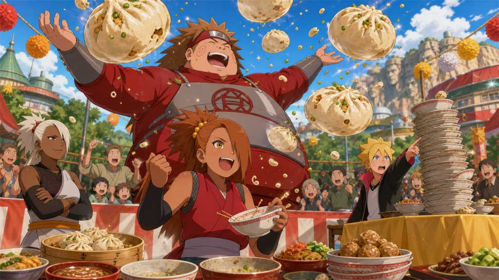 Choji and Chocho stop giant dumplings during the eating contest in Boruto Episode 94