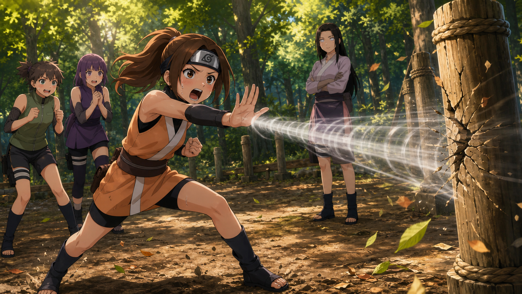 Namida focuses her sound-wave jutsu while Wasabi Sumire and Hanabi watch in Boruto Episode 96