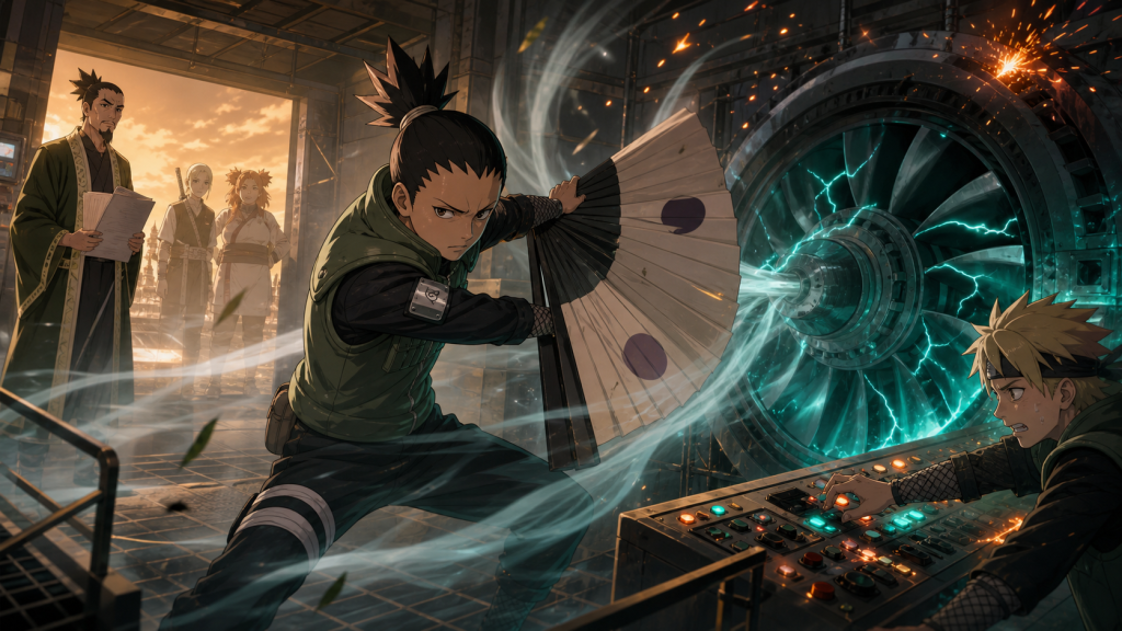 Shikadai uses Wind Release while Denki shuts down a failing generator in Boruto Episode 97