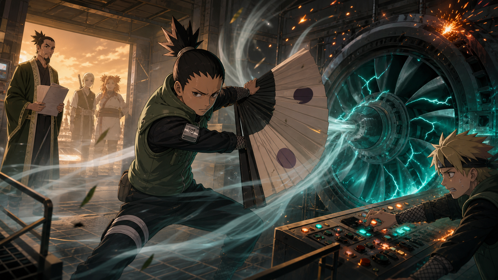 Shikadai uses Wind Release while Denki shuts down a failing generator in Boruto Episode 97
