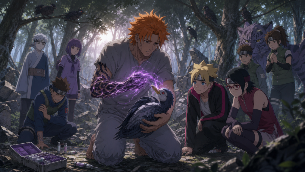 Jugo removes a curse mark from an infected bird as Boruto and the teams watch in Episode 99