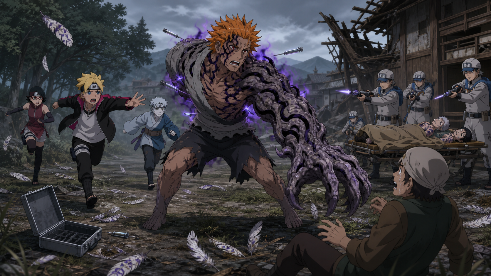 Researchers tranquilize transformed Jugo as Boruto approaches in Boruto Episode 100