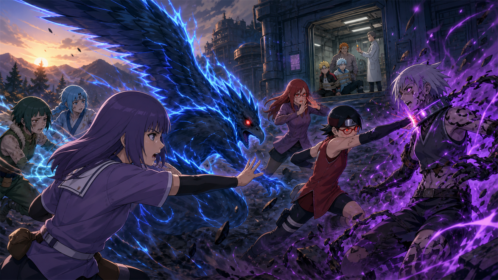 Sumire Nue Sarada and Karin fight curse-mark opponents in Boruto Episode 102