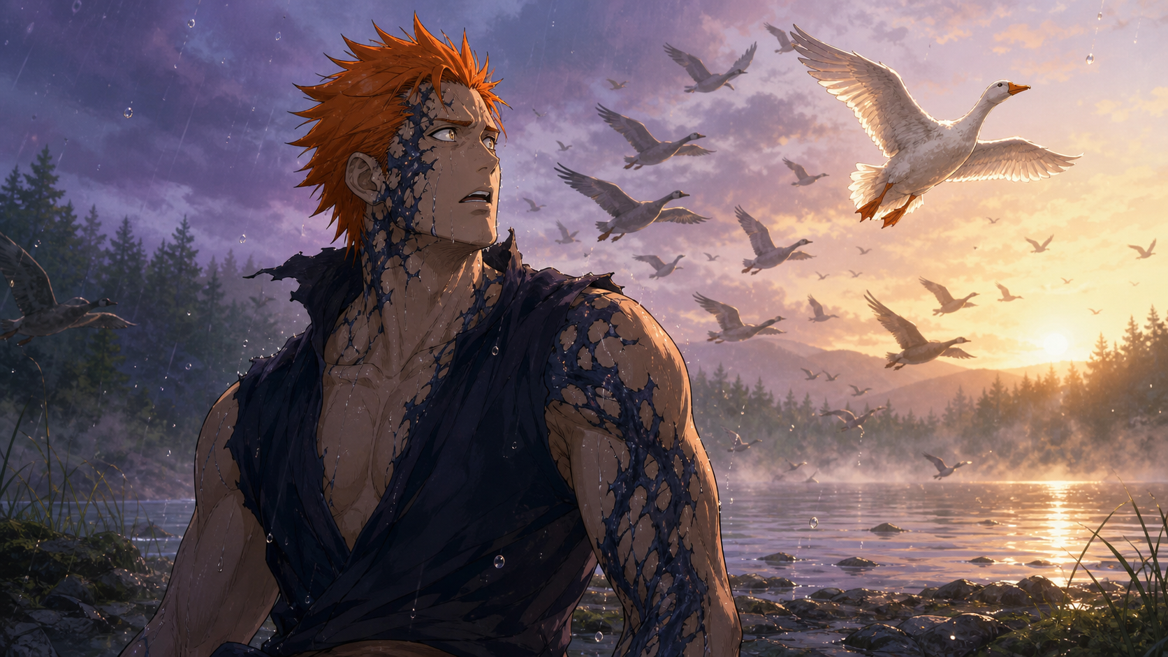 Jugo watches a white goose join the migrating flock in Boruto Episode 103