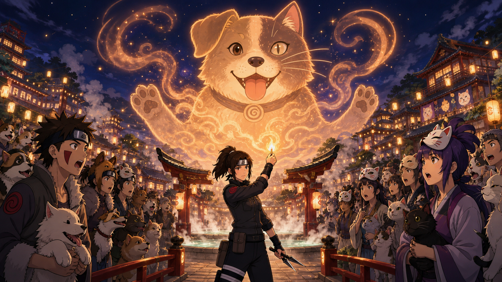 Mirai creates a cat-dog genjutsu at the festival in Boruto Episode 107