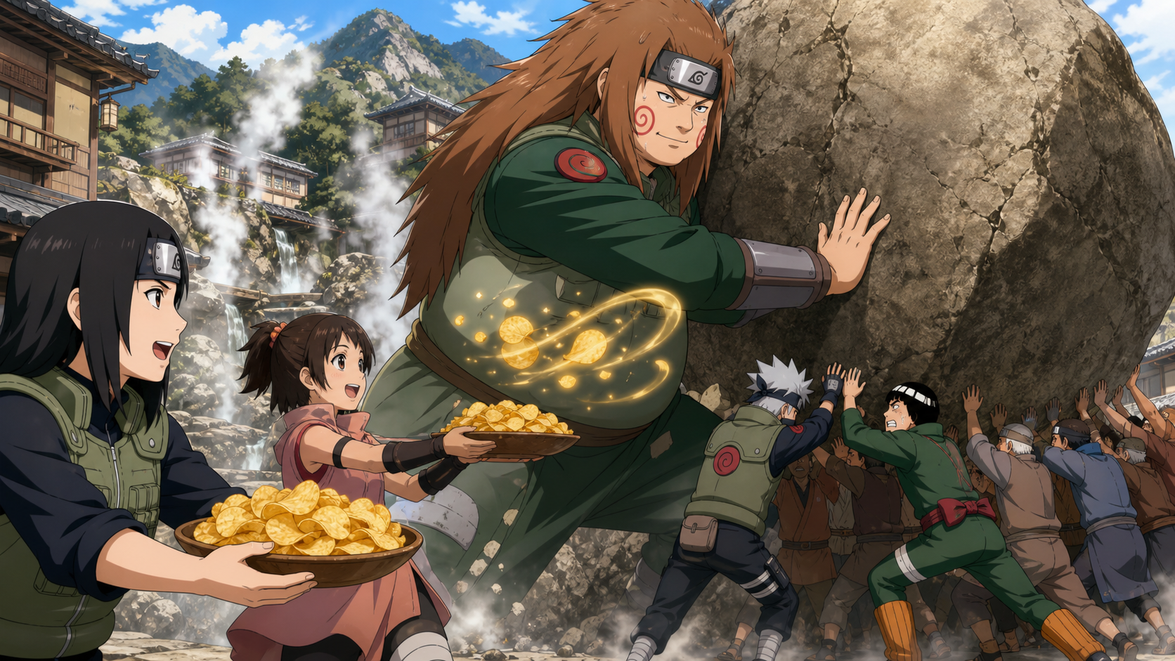 Choji pushes the giant boulder while Mirai brings potato chips in Boruto Episode 109
