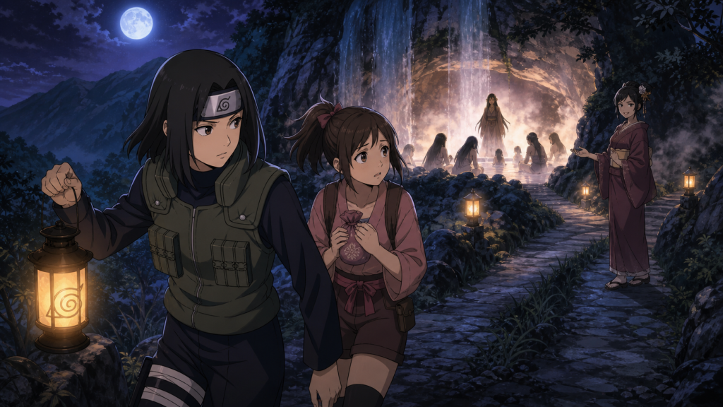 Mirai and Tatsumi approach the hidden resurrection hot spring in Boruto Episode 110