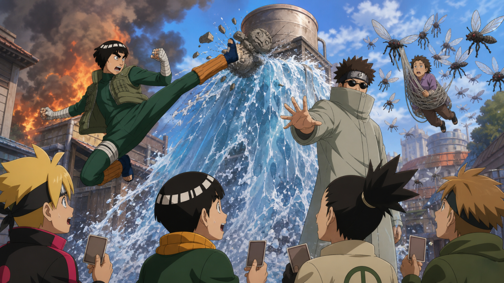 Rock Lee and Shino rescue a civilian from a fire in Boruto Episode 114