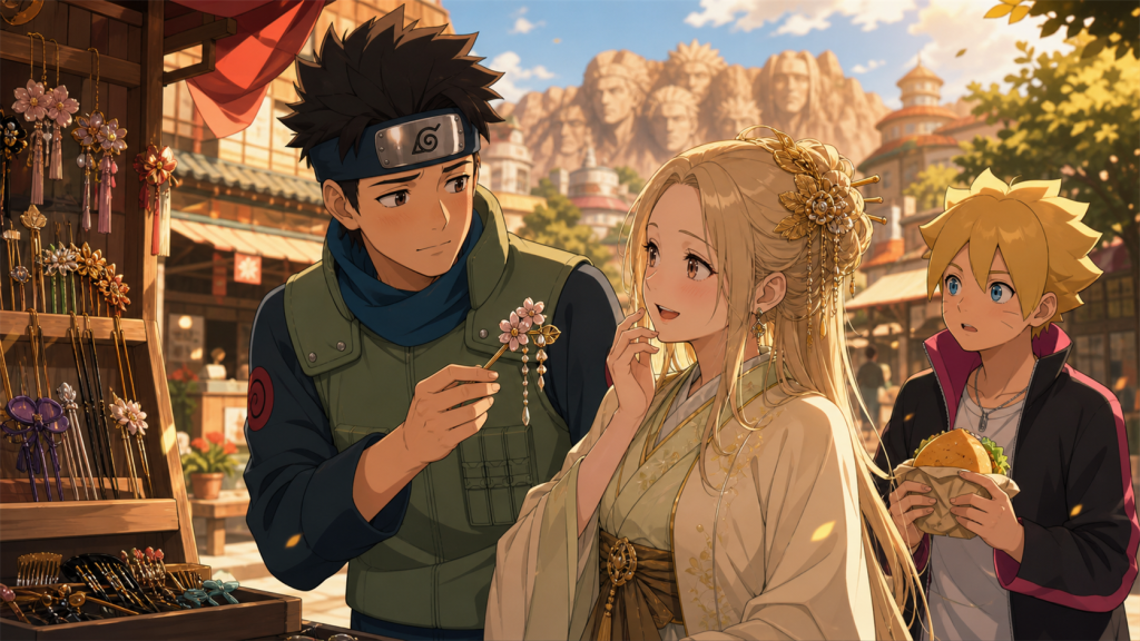Konohamaru offers Remon a hair clip as Boruto holds a lemon burger in Boruto Episode 116
