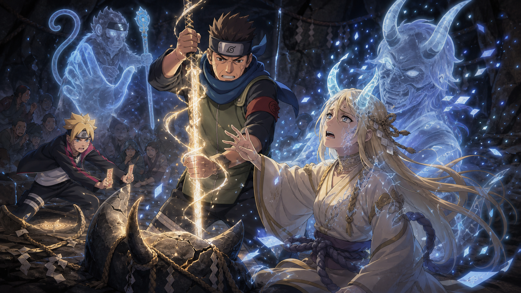 Konohamaru prepares to cut Sōma’s horns as Remon contains the spirit in Boruto Episode 119