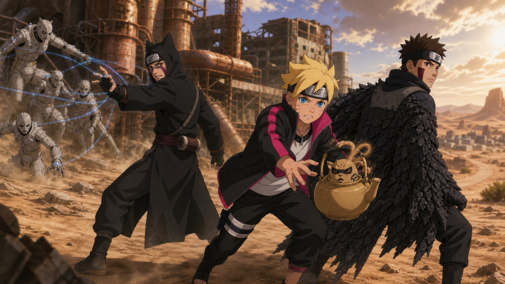 Boruto, Shinki, Kankuro, and Shukaku face Otsutsuki puppets in Boruto Episode 121