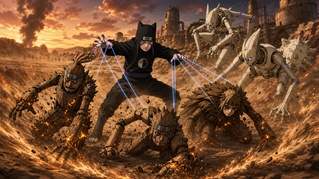 Kankuro battles Otsutsuki puppets with chakra strings in Boruto Episode 122