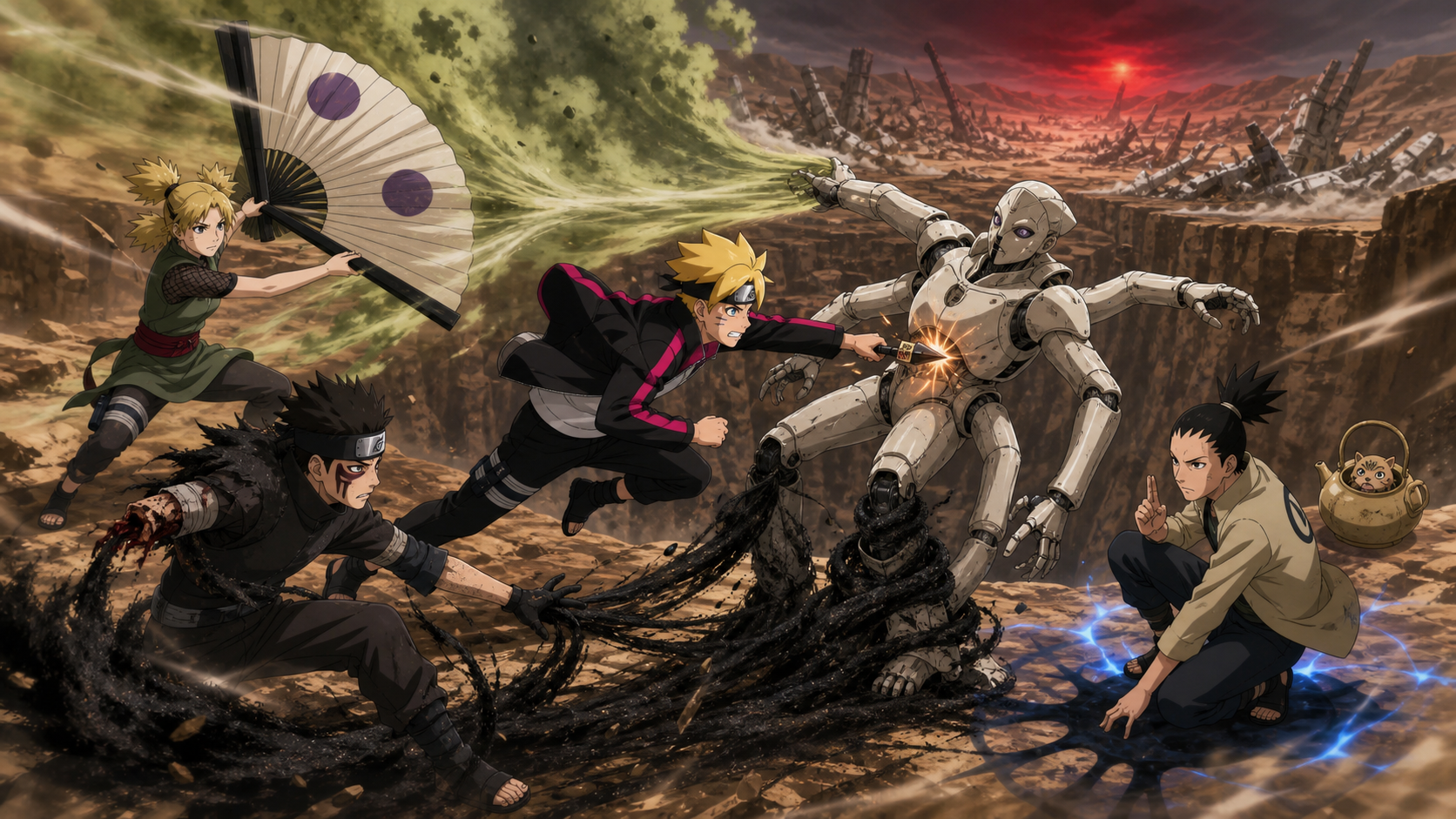 Boruto, Shinki, Temari, and Shikadai combine attacks in Boruto Episode 123