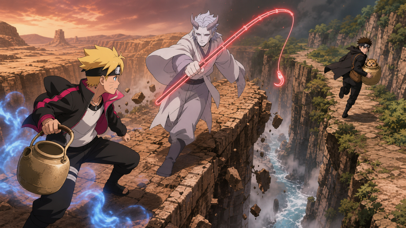 Boruto carries a decoy kettle while Shinki escapes with Shukaku in Boruto Episode 124
