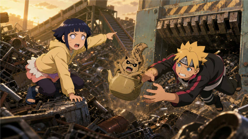 Himawari uses the Byakugan while Boruto catches Shukaku’s kettle at the scrap yard in Boruto Episode 126