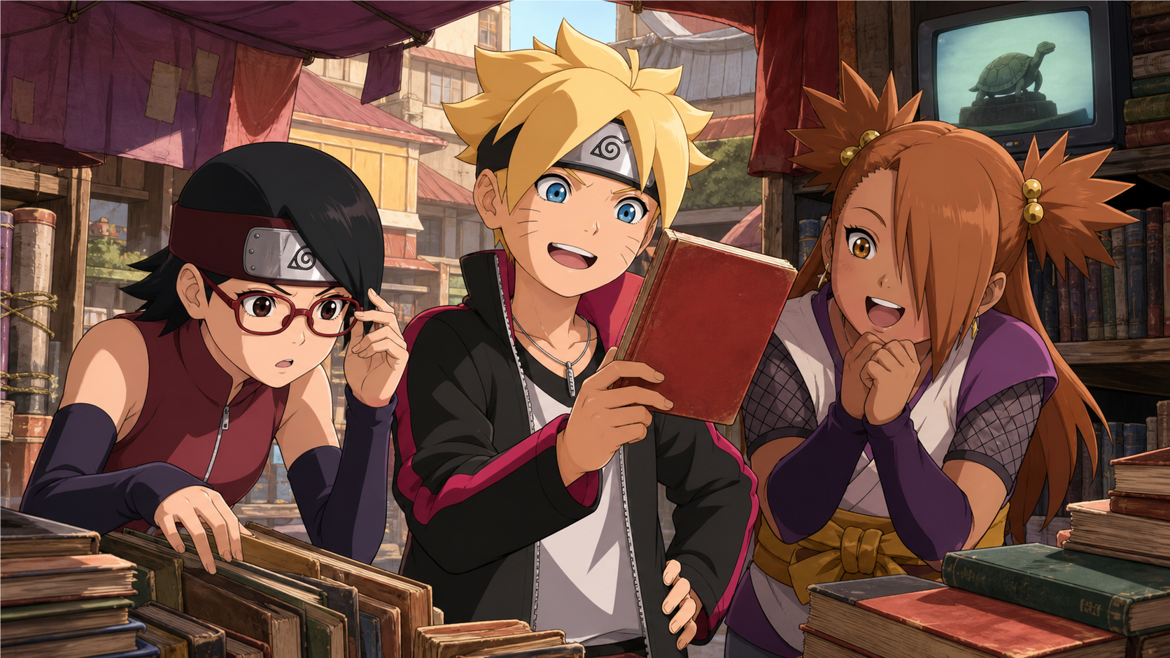 Boruto, Sarada, and Chōchō inspect an old red book at the Konoha flea market in Boruto Episode 127