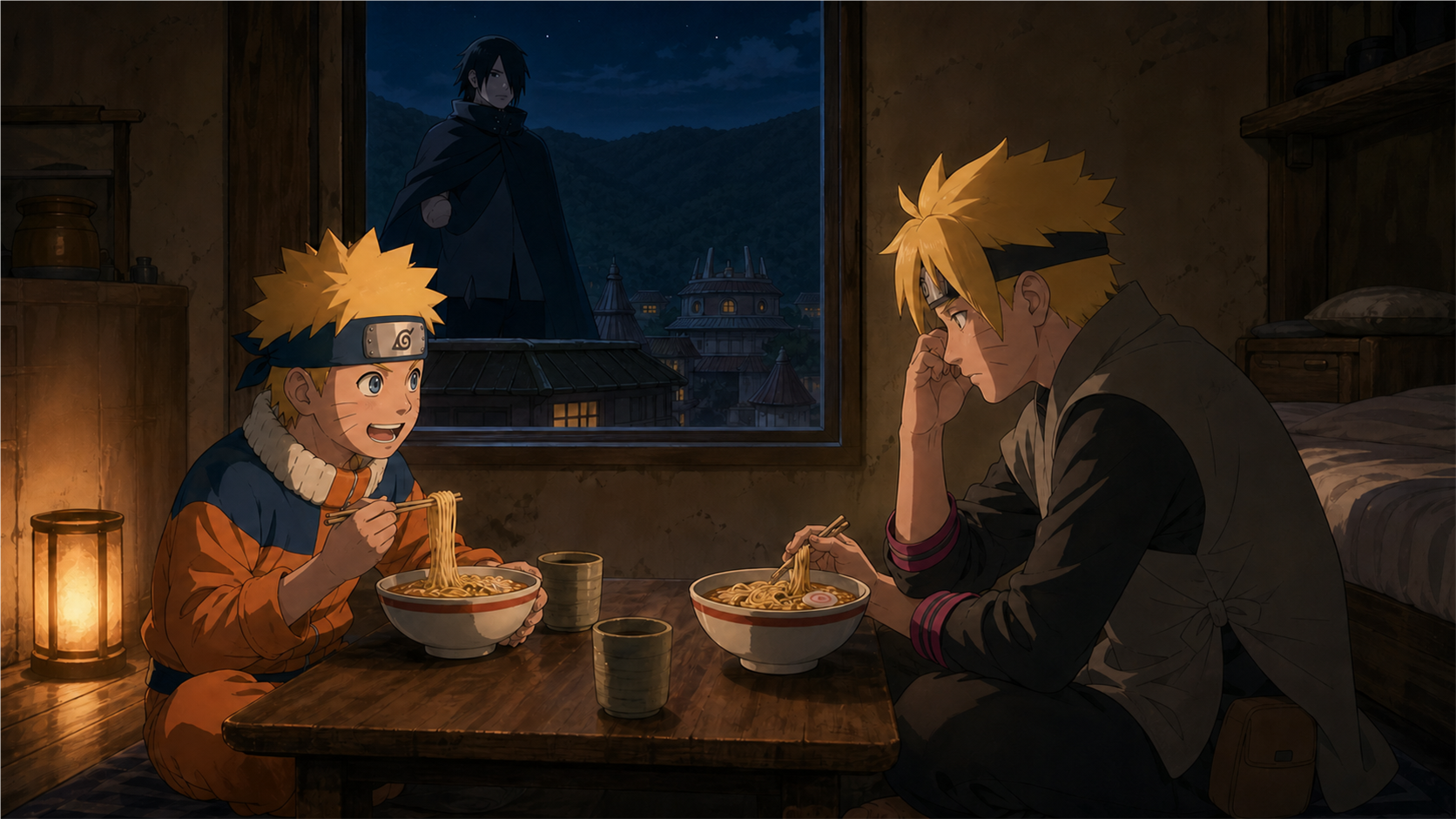 Boruto eats ramen with young Naruto while adult Sasuke watches from outside in Boruto Episode 129