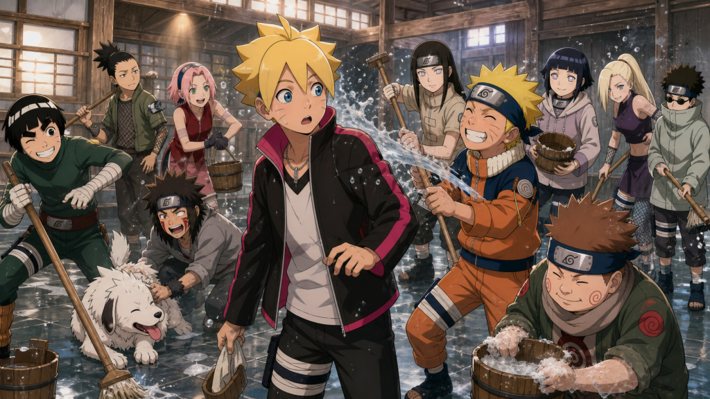 Boruto joins young Naruto, Neji, and the Konoha genin during the bathhouse cleanup in Boruto Episode 130