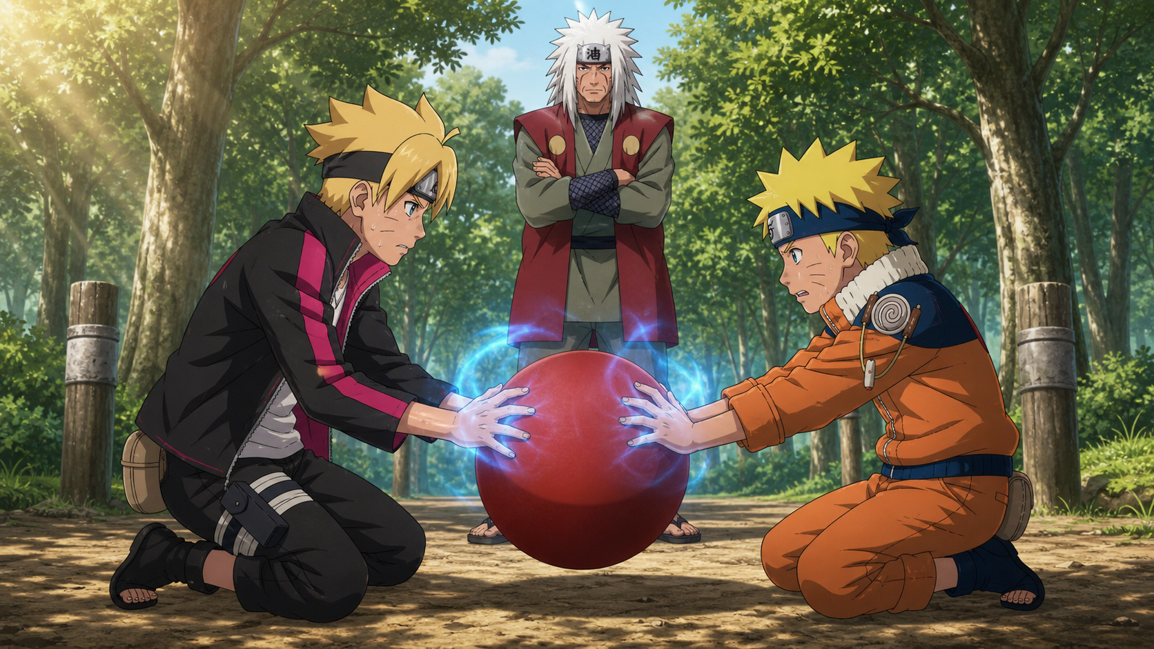 Boruto and young Naruto channel blue chakra into a shared red rubber training ball while Jiraiya watches in Boruto Episode 132