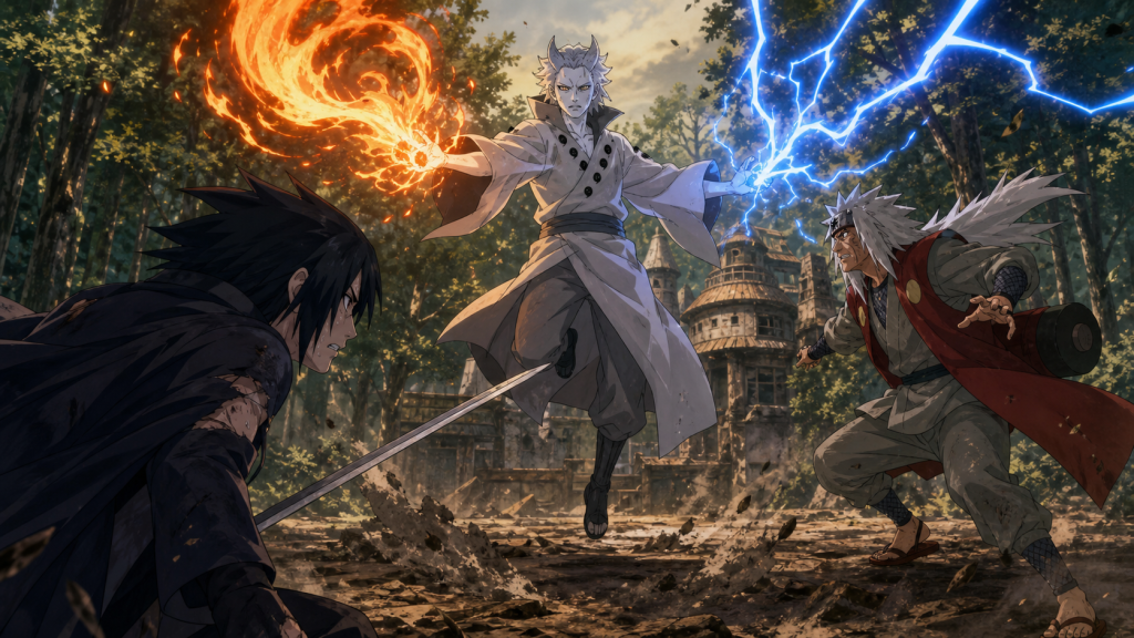 Urashiki attacks Sasuke and Jiraiya with stolen fire and lightning chakra in Boruto Episode 133