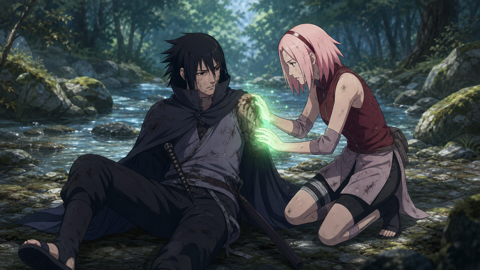 Teenage Sakura heals an exhausted adult Sasuke beside a forest stream in Boruto Episode 134