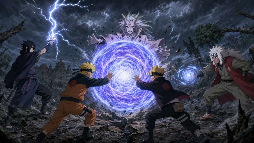 Naruto and Boruto combine one giant Rasengan while Sasuke and Jiraiya attack Urashiki in Boruto Episode 135