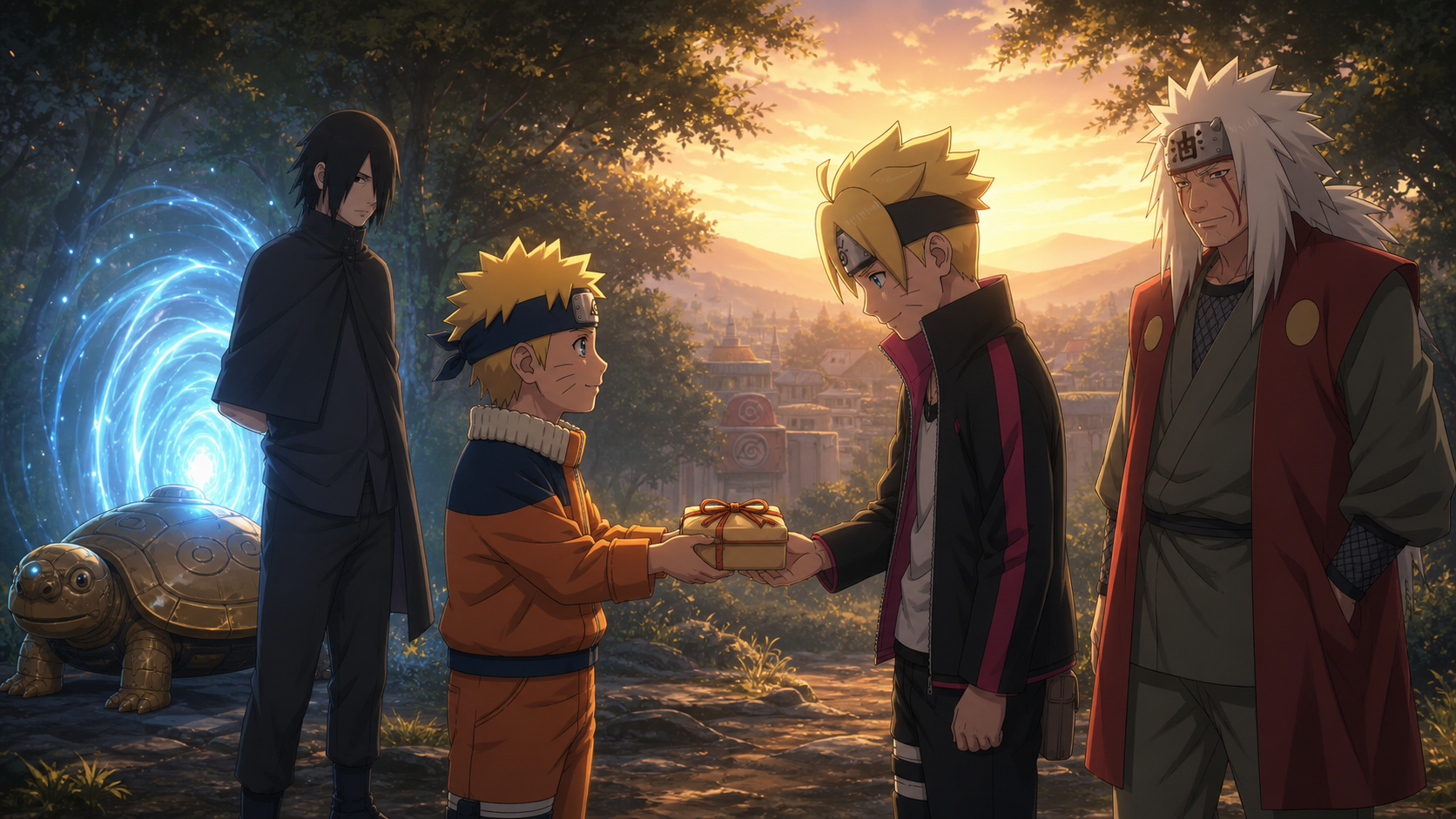 Young Naruto gives Boruto a farewell gift while Sasuke Jiraiya and the time turtle wait in Boruto Episode 136