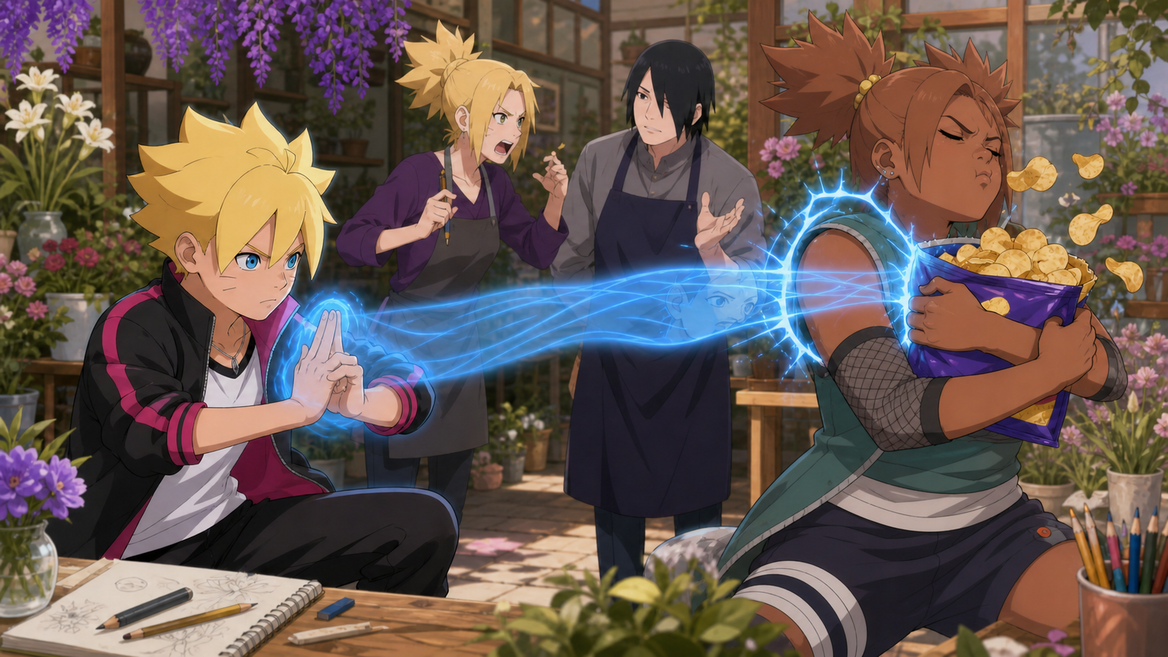 Inojin uses Mind Transfer on Chocho holding potato chips in Boruto Episode 140