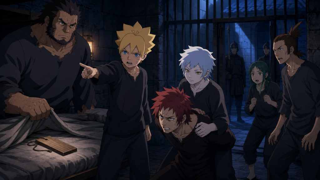 Boruto and Mitsuki expose Arai beside Kedama’s bunk and the stolen wooden tag in Episode 143