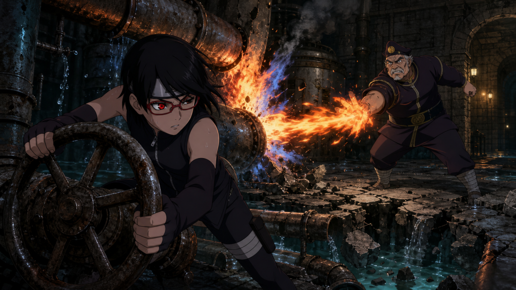 Sarada turns the underground seawater valve as Benga attacks and the floor collapses in Boruto Episode 145