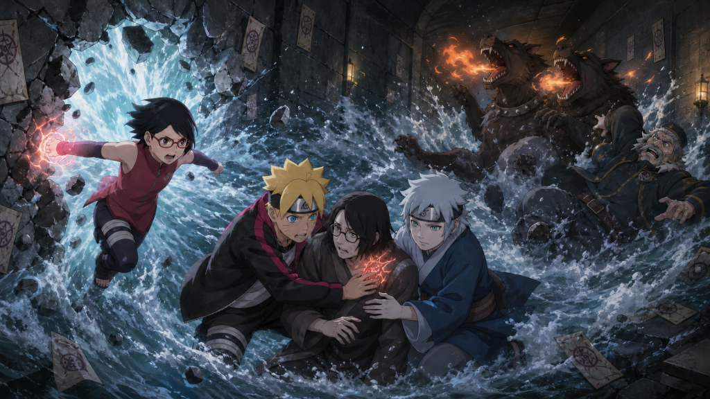 Sarada releases the spring tide over Boruto, Mitsuki, Kokuri, Benga, and the prison hound in Episode 146