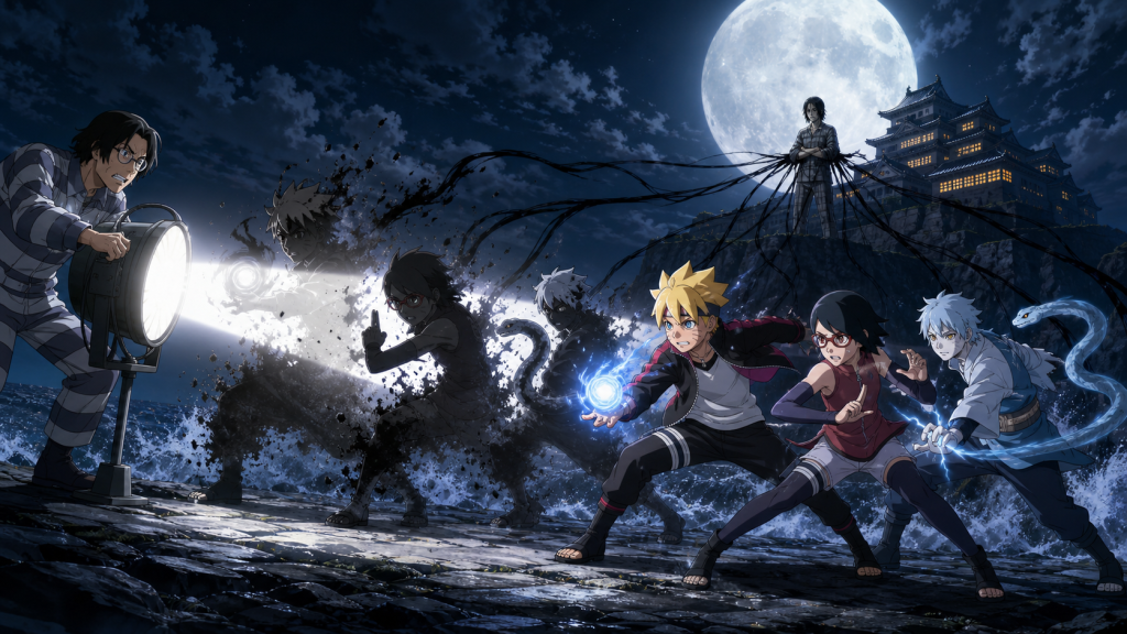 Kokuri shines a searchlight through Tsukiyo’s moon shadows as Boruto, Sarada, and Mitsuki fight in Episode 147