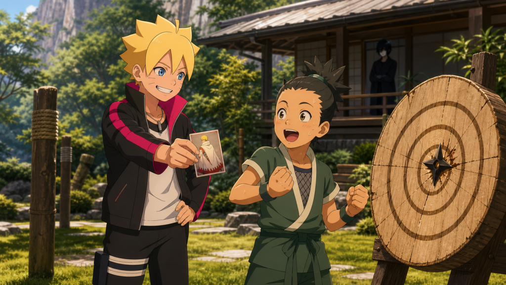 Boruto rewards young Tentō with a Seventh Hokage card after Tentō lands his first shuriken bullseye in Episode 149