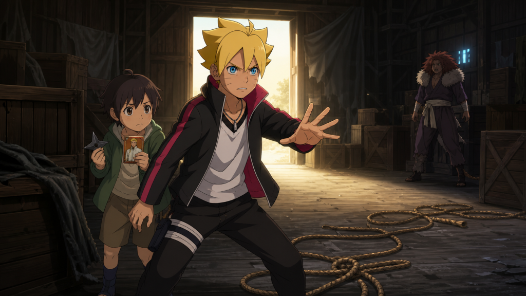 Boruto shields young Tentō from Shōjōji inside the Mujina hideout as Tentō holds his training shuriken and rare Hokage card in Episode 150