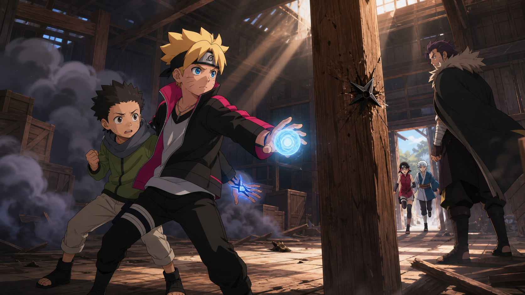 Boruto prepares a Rasengan after Tentō’s shuriken breaks Shōjōji’s defense while Sarada and Mitsuki enter the Mujina hideout in Episode 151
