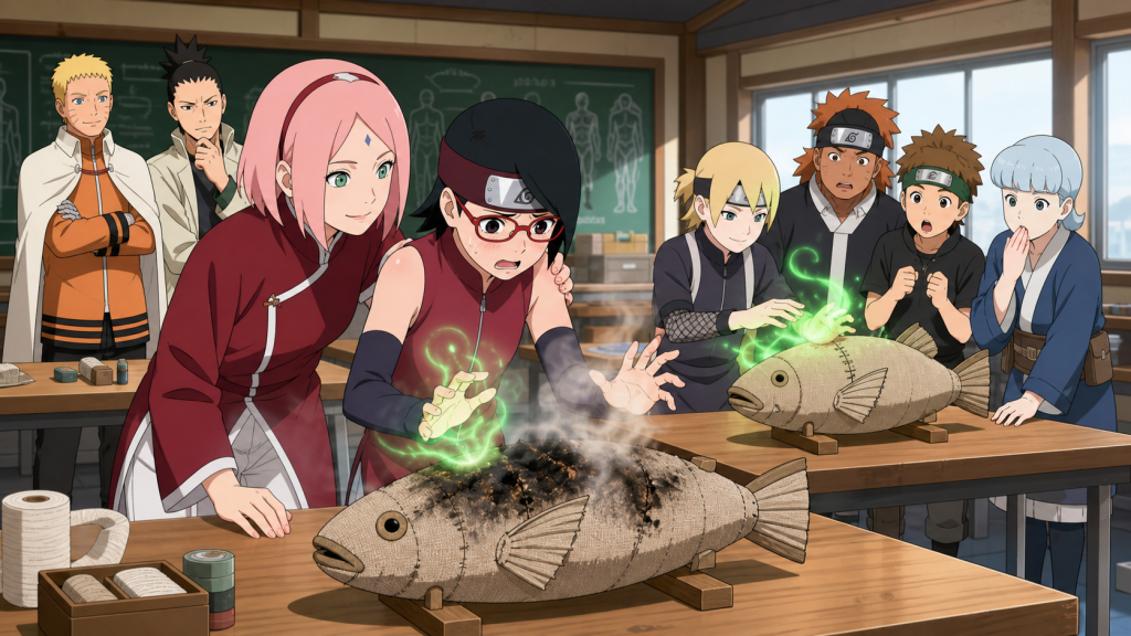 Sakura supports an embarrassed Sarada after her healing chakra scorches an artificial fish practice dummy during the medical ninjutsu class in Episode 152