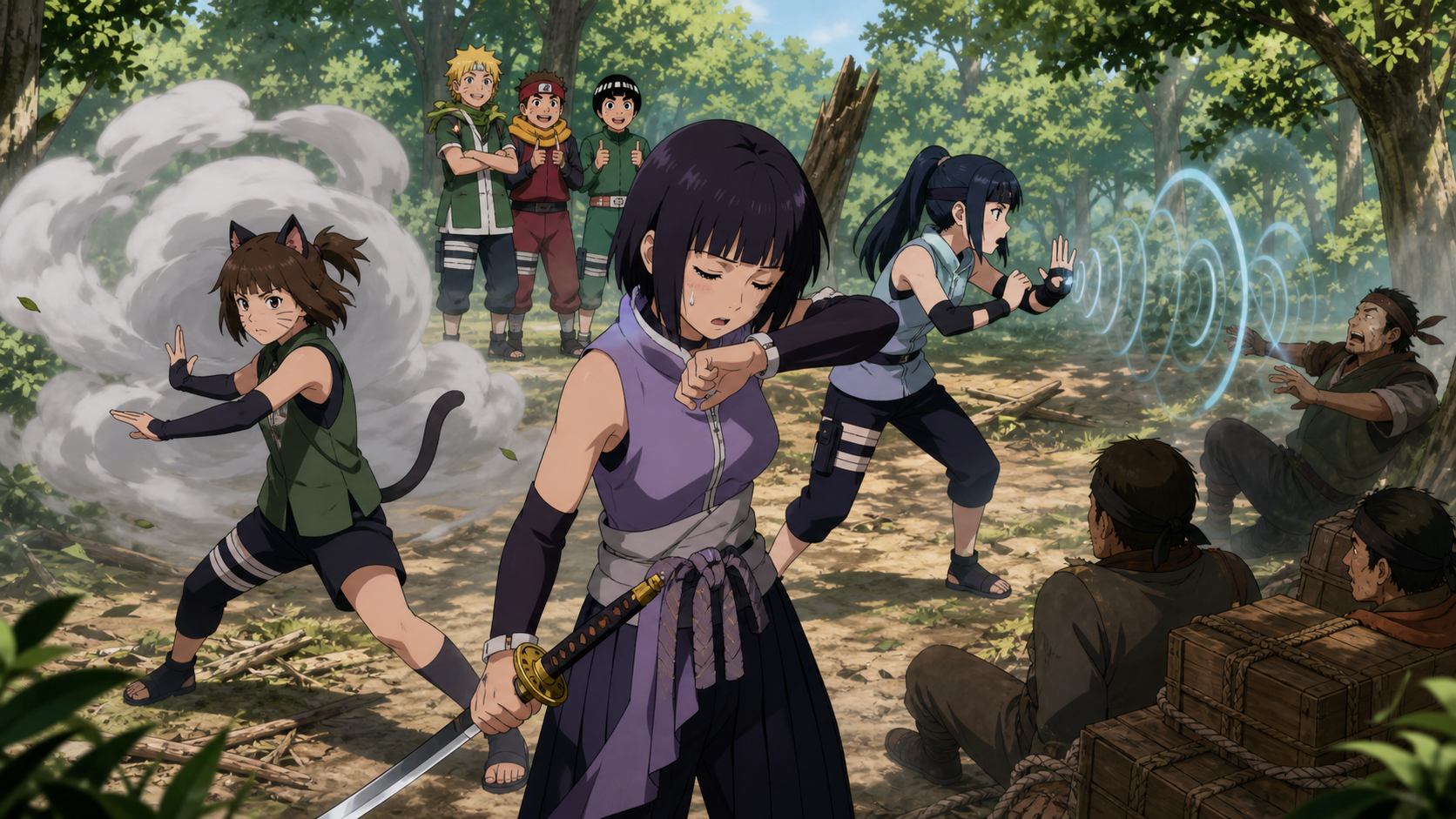 Wasabi creates a smokescreen, Tsubaki spends her sword strength, and Namida stops escaping bandits as Team 15 works together in Episode 153