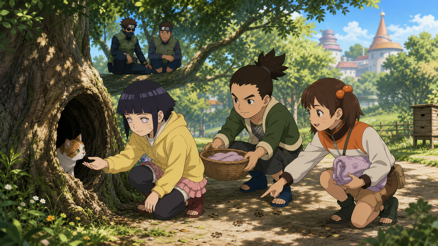 Himawari uses her Byakugan while Ehō carries a basket and Yuina follows paw prints as the Academy trial team finds a lost cat in Episode 154