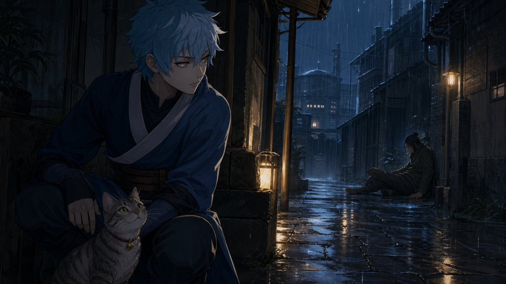 Mitsuki crouches beside Mikazuki the bell-collared cat while Samidare sits injured in a rain-soaked village alley in Boruto Episode 155