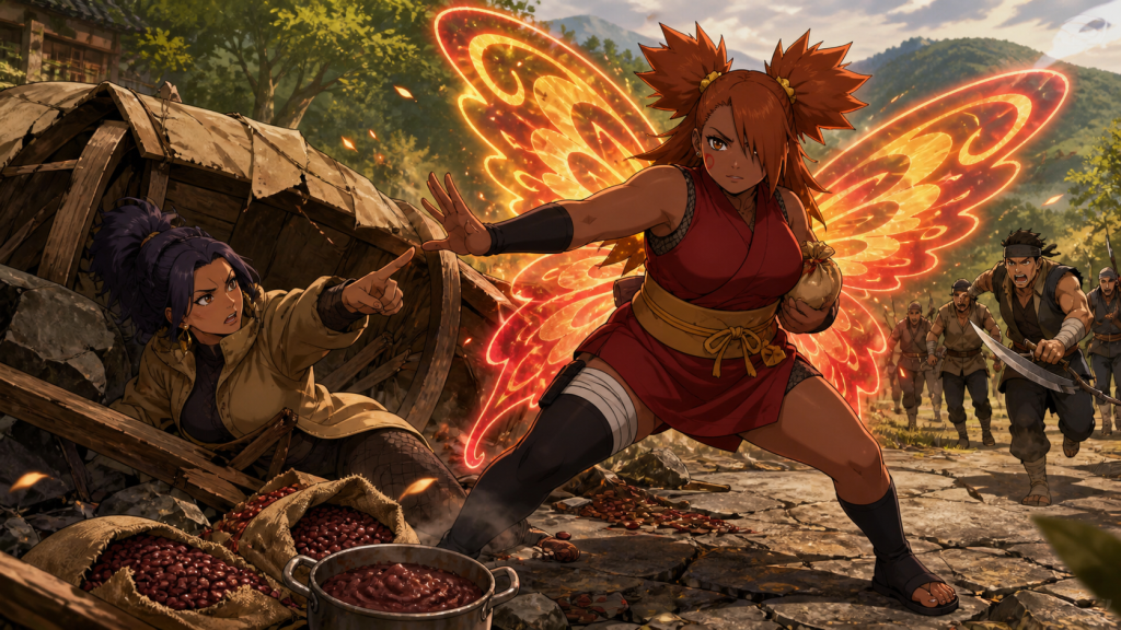 Chocho Akimichi uses glowing Butterfly Mode to protect Anko and a damaged azuki-bean cart from charging bandits in Boruto Episode 156