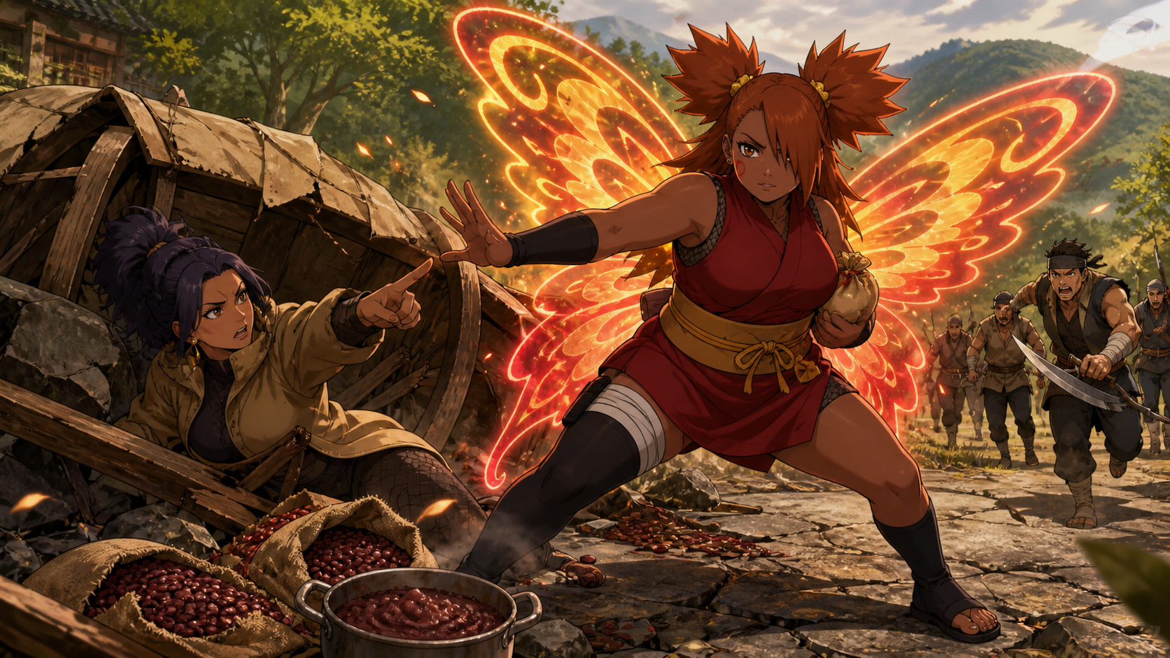 Chocho Akimichi uses glowing Butterfly Mode to protect Anko and a damaged azuki-bean cart from charging bandits in Boruto Episode 156