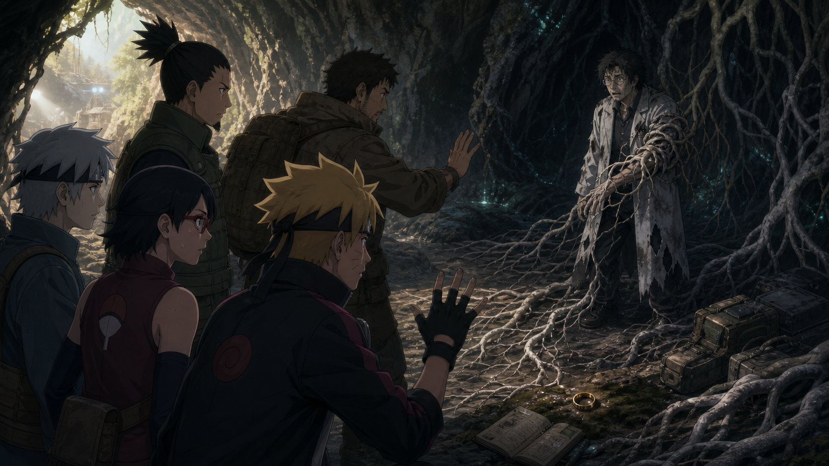 Team 7, Konohamaru, and Mugino confront the missing researcher Anato as pale roots spread over his arm inside a cave in Boruto Episode 158