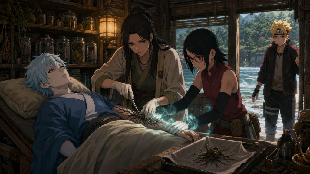 Doctor Yubina and Sarada remove invasive Hashirama-cell roots from a feverish Mitsuki while Boruto waits at the riverside clinic door in Boruto Episode 159