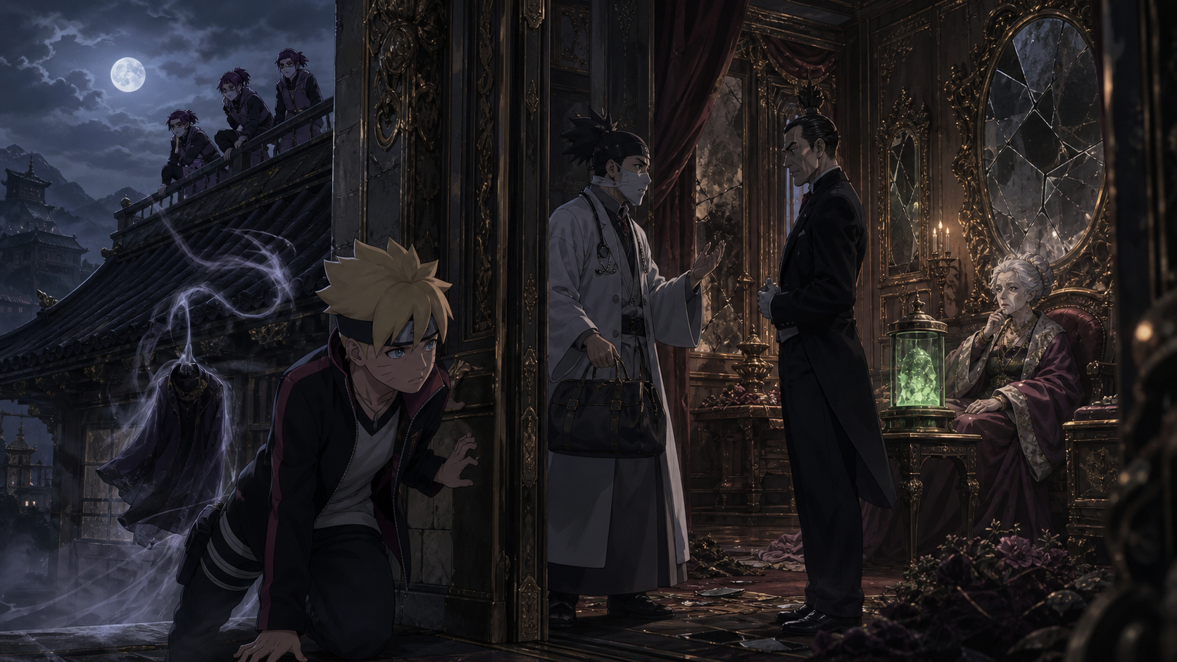 Boruto slips through Fushū Castle while Konohamaru disguised as a doctor distracts Sakuya’s butler near the elderly client and sealed Hashirama cell in Boruto Episode 161