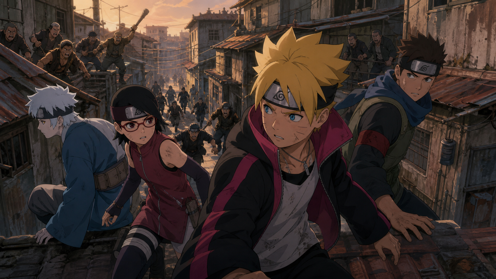 Boruto, Sarada, Mitsuki, and Konohamaru flee across Land of Silence rooftops while armed gangs close every route in Boruto Episode 162
