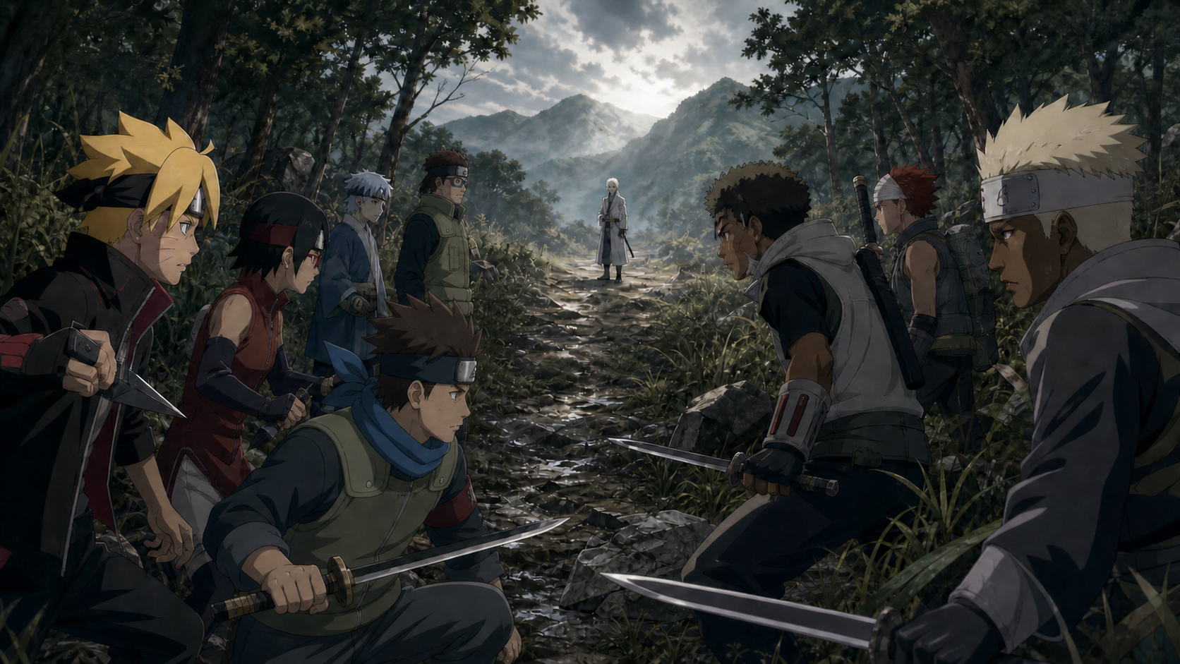 Team 7 and Mugino face Omoi and his Hidden Cloud squad on a forest road while Deepa blocks the joint pursuit in Boruto Episode 163